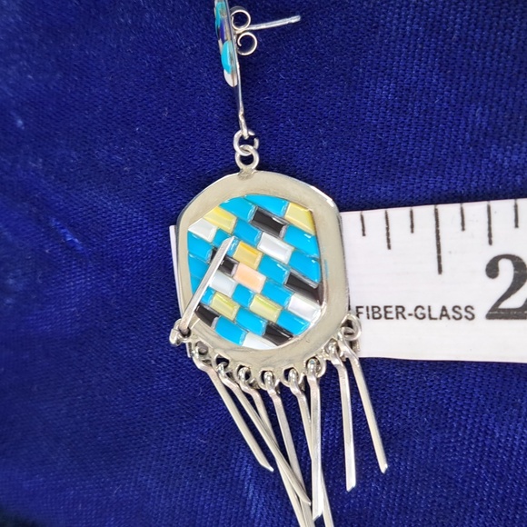 Native American Multi Stone Cobblestone On Sterling Silver Dangle Earrings - Picture 8 of 11